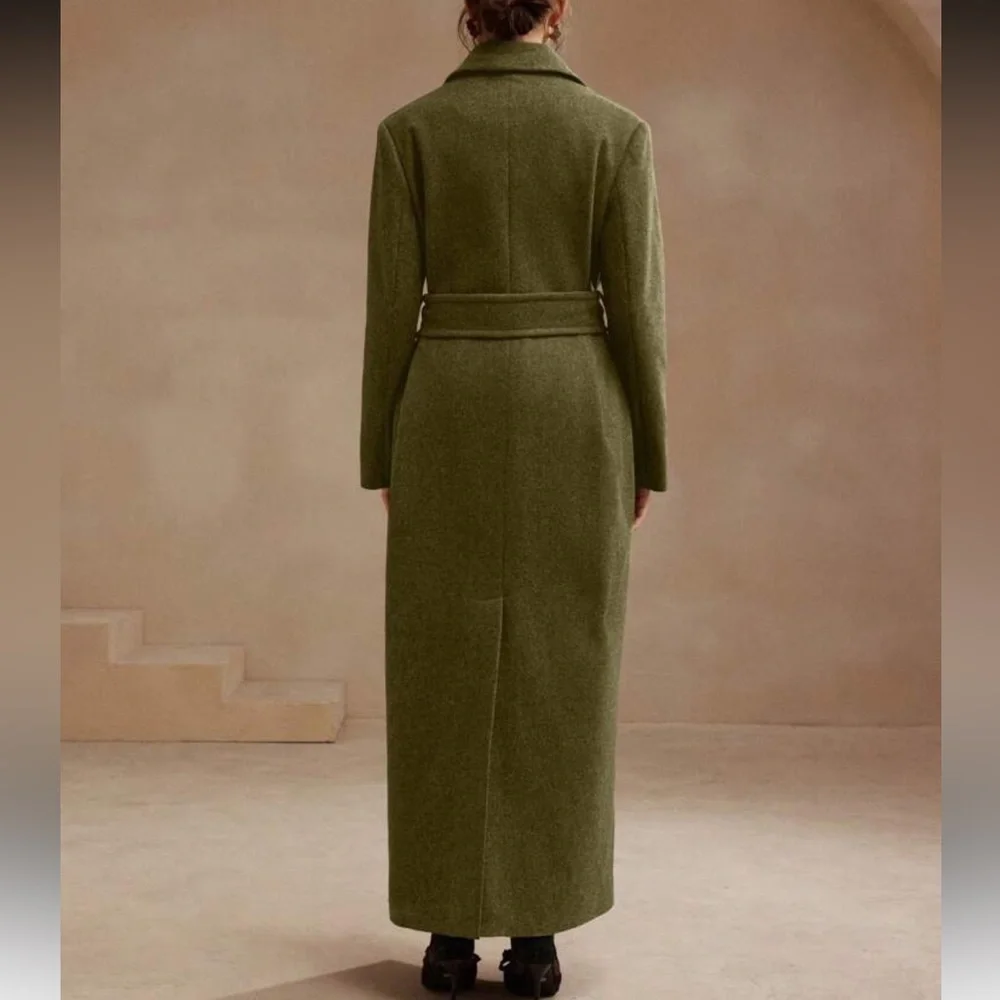 Luxury Long Pea Coat Belted Jacket dark Brown - Picture 7 of 13